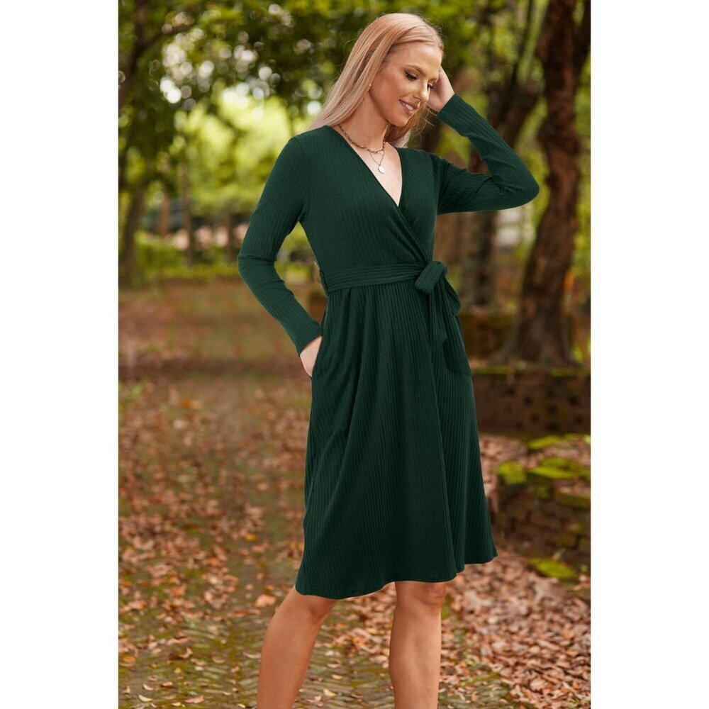 Women's Knit Fall Dress X-Large V-Neck Belt Long Sleeve Business Casual - Picture 6 of 8